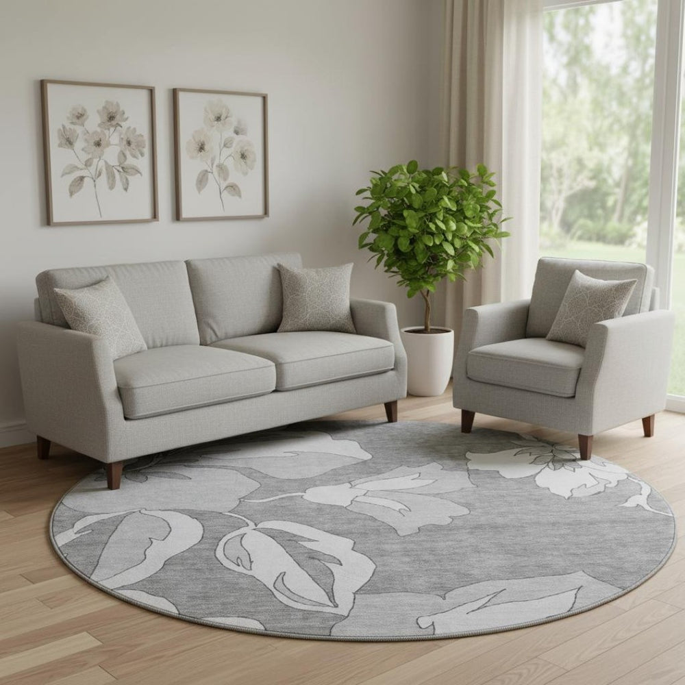HomeRoots 8' Gray and Silver Floral Round Rug - Washable, UV-Resistant, Perfect for Living Rooms & More! 667978