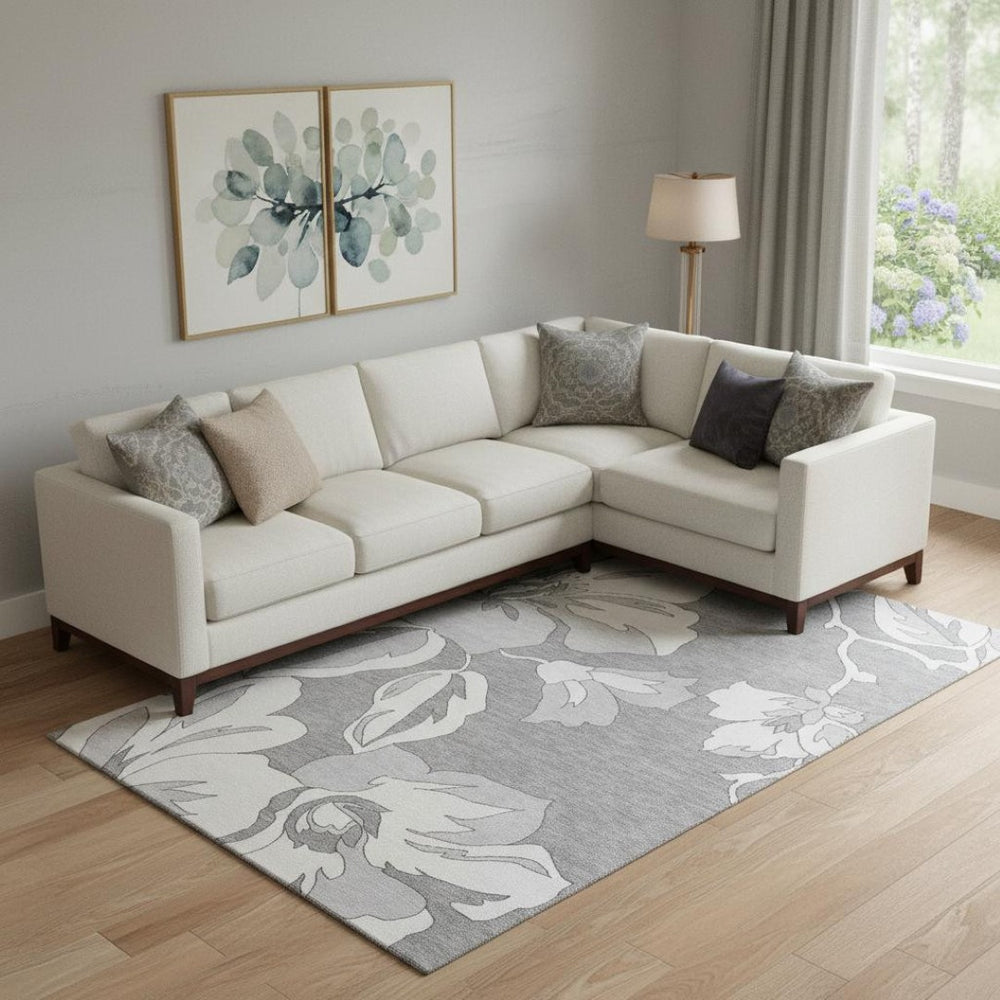 HomeRoots 8' X 10' Gray and Silver Floral Area Rug – Durable, Washable, UV Protected, Perfect for Busy Homes! 667979
