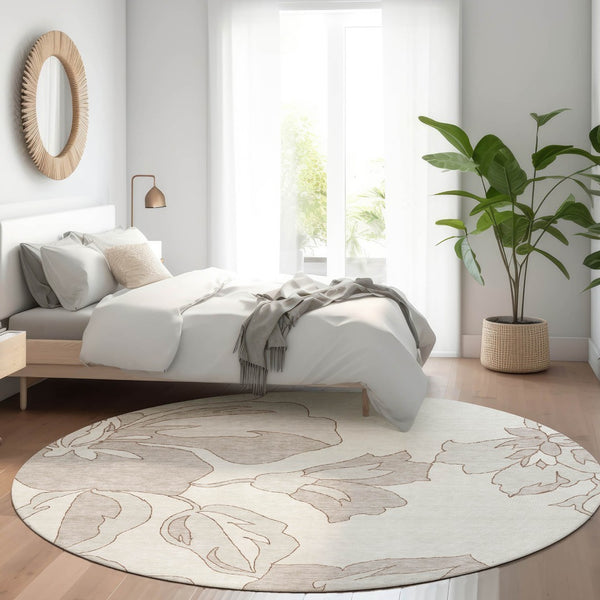 HomeRoots 8' Floral Round Rug in Ivory & Gray – Washable, UV-Resistant, Elegant & Durable for High-Traffic Areas 667984