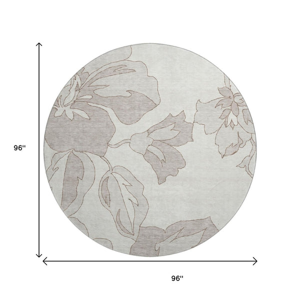 HomeRoots 8' Floral Round Rug in Ivory & Gray – Washable, UV-Resistant, Elegant & Durable for High-Traffic Areas 667984