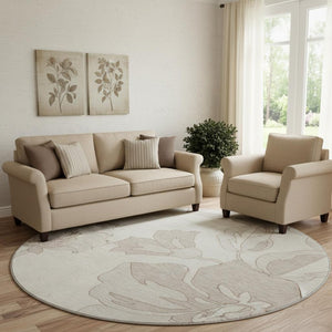 HomeRoots 8' Floral Round Rug in Ivory & Gray – Washable, UV-Resistant, Elegant & Durable for High-Traffic Areas 667984