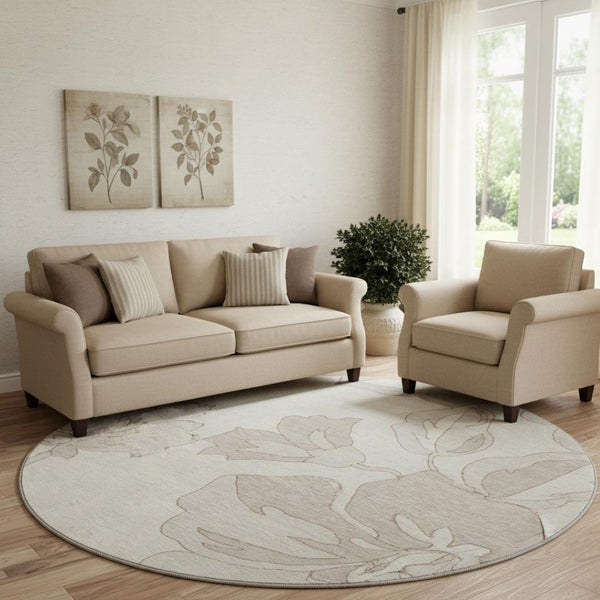 HomeRoots 8' Floral Round Rug in Ivory & Gray – Washable, UV-Resistant, Elegant & Durable for High-Traffic Areas 667984