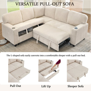 English Elm L-Shaped Sofa with Pull-Out Bed and Storage, 5-Seat Sectional with USB, Cup Holders, Cozy Chenille Beige W1998S00075