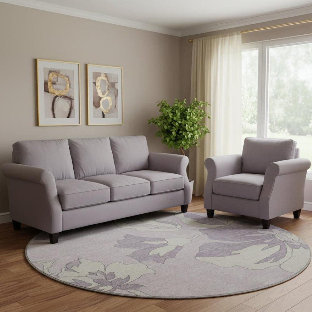 HomeRoots 8' Lavender and Ivory Floral Washable Round Rug with UV Protection for Timeless Home Elegance 667990