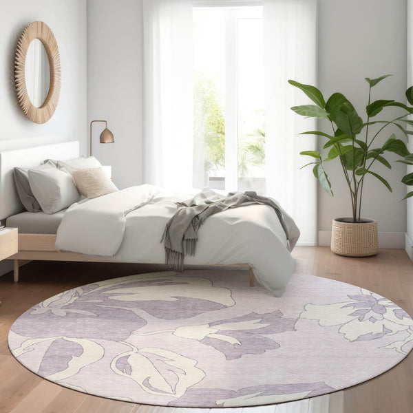 HomeRoots 8' Lavender and Ivory Floral Washable Round Rug with UV Protection for Timeless Home Elegance 667990