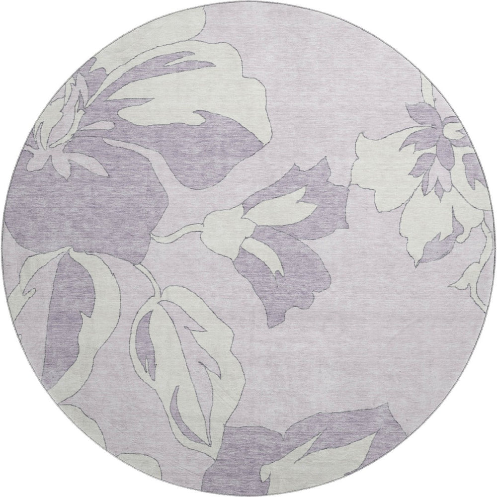 HomeRoots 8' Lavender and Ivory Floral Washable Round Rug with UV Protection for Timeless Home Elegance 667990