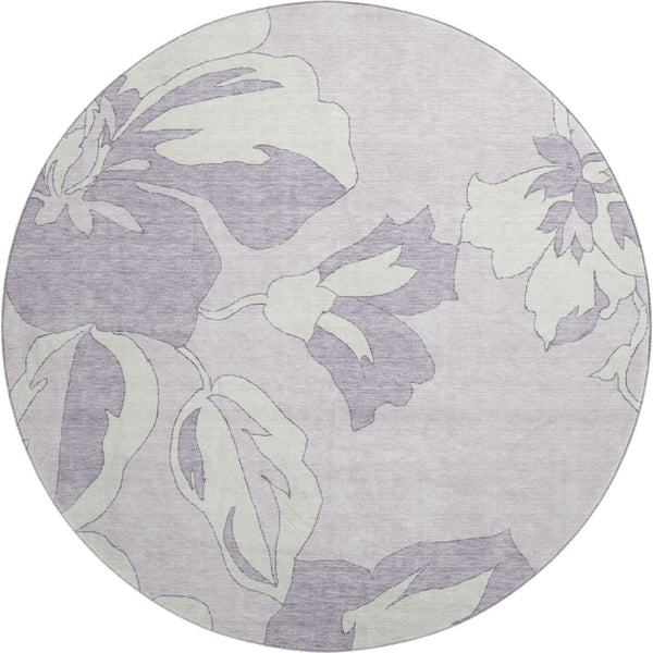 HomeRoots 8' Lavender and Ivory Floral Washable Round Rug with UV Protection for Timeless Home Elegance 667990