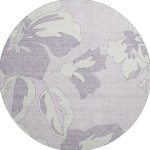HomeRoots 8' Lavender and Ivory Floral Washable Round Rug with UV Protection for Timeless Home Elegance 667990