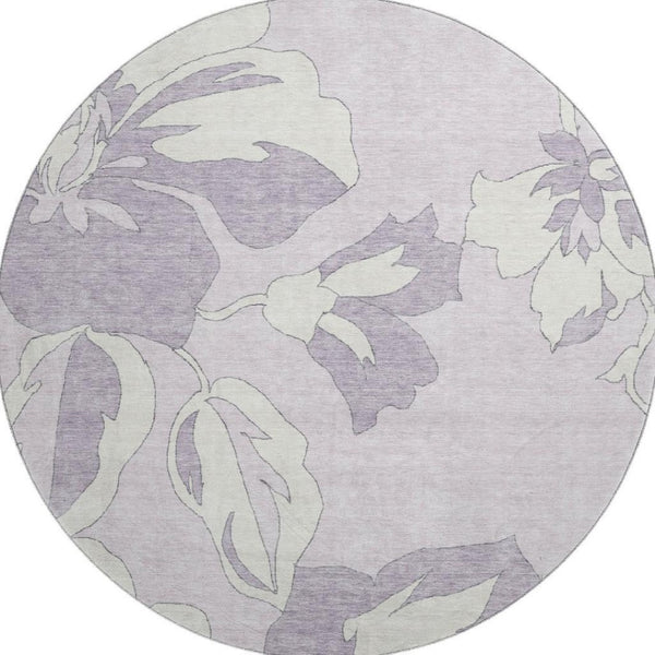 HomeRoots 8' Lavender and Ivory Floral Washable Round Rug with UV Protection for Timeless Home Elegance 667990