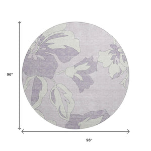 HomeRoots 8' Lavender and Ivory Floral Washable Round Rug with UV Protection for Timeless Home Elegance 667990