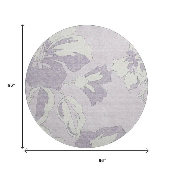 HomeRoots 8' Lavender and Ivory Floral Washable Round Rug with UV Protection for Timeless Home Elegance 667990