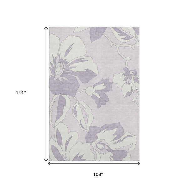 HomeRoots 9' X 12' Elegant Lavender & Ivory Floral Washable Area Rug - Durable, UV-Protected, Stain-Resistant! 667992