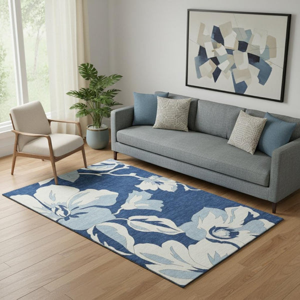 HomeRoots 5' X 8' Elegant Navy Blue & Ivory Floral Area Rug - Durable, Washable, UV Protected for Homes 667995