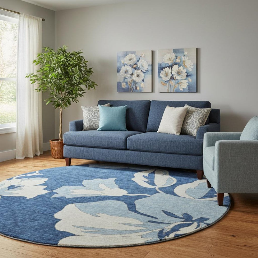 HomeRoots 8' Navy Blue Floral Round Rug – Washable, Durable, UV-Protected, Ideal for Homes With Kids & Pets 667996