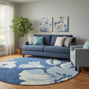HomeRoots 8' Navy Blue Floral Round Rug – Washable, Durable, UV-Protected, Ideal for Homes With Kids & Pets 667996