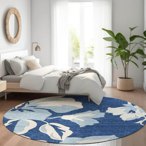 HomeRoots 8' Navy Blue Floral Round Rug – Washable, Durable, UV-Protected, Ideal for Homes With Kids & Pets 667996