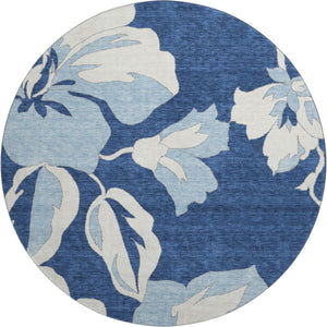 HomeRoots 8' Navy Blue Floral Round Rug – Washable, Durable, UV-Protected, Ideal for Homes With Kids & Pets 667996