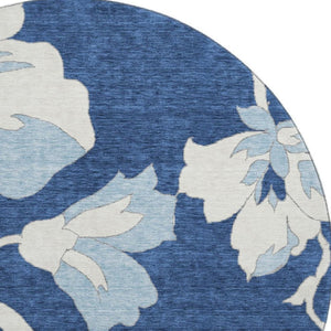 HomeRoots 8' Navy Blue Floral Round Rug – Washable, Durable, UV-Protected, Ideal for Homes With Kids & Pets 667996