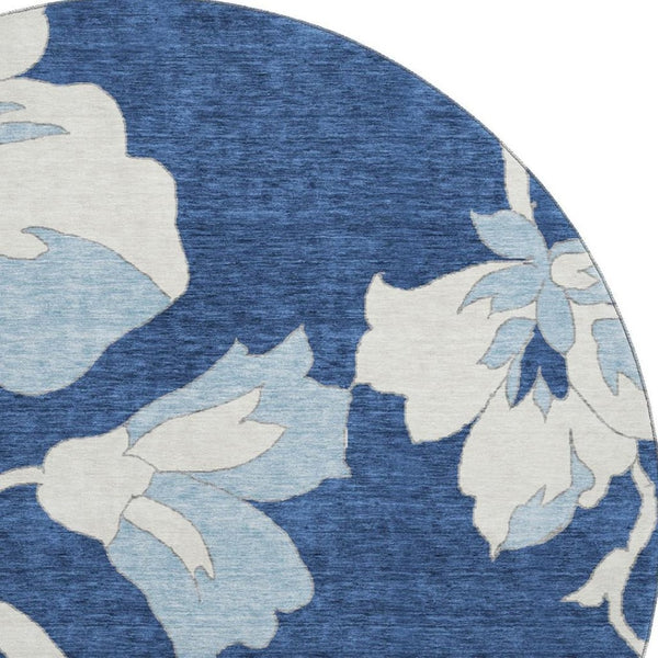 HomeRoots 8' Navy Blue Floral Round Rug – Washable, Durable, UV-Protected, Ideal for Homes With Kids & Pets 667996