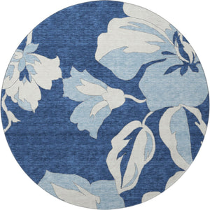 HomeRoots 8' Navy Blue Floral Round Rug – Washable, Durable, UV-Protected, Ideal for Homes With Kids & Pets 667996