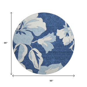 HomeRoots 8' Navy Blue Floral Round Rug – Washable, Durable, UV-Protected, Ideal for Homes With Kids & Pets 667996