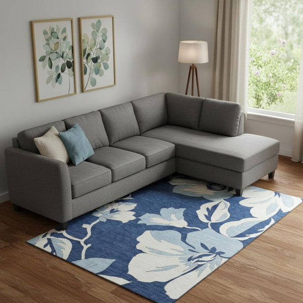 HomeRoots 8' X 10' Navy Blue Floral Area Rug - Washable, UV Protected, Stain Resistant for Stylish Living Spaces 667997