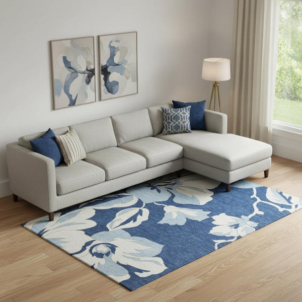 HomeRoots 9' X 12' Navy Blue Floral Area Rug - Washable, Stain Resistant, UV Protected for Elegant Living Spaces 667998