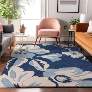 HomeRoots 10' X 14' Navy Blue Floral Area Rug - Washable, UV-Protected, Stain-Resistant for High-Traffic Areas 667999