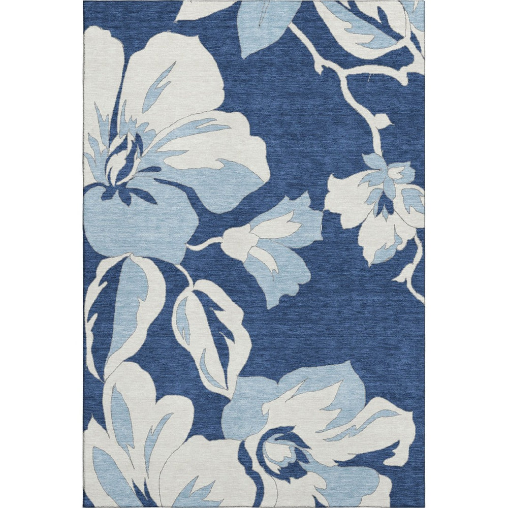 HomeRoots 10' X 14' Navy Blue Floral Area Rug - Washable, UV-Protected, Stain-Resistant for High-Traffic Areas 667999