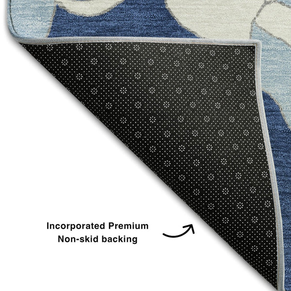 HomeRoots 10' X 14' Navy Blue Floral Area Rug - Washable, UV-Protected, Stain-Resistant for High-Traffic Areas 667999