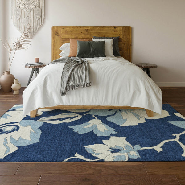 HomeRoots 10' X 14' Navy Blue Floral Area Rug - Washable, UV-Protected, Stain-Resistant for High-Traffic Areas 667999