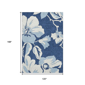 HomeRoots 10' X 14' Navy Blue Floral Area Rug - Washable, UV-Protected, Stain-Resistant for High-Traffic Areas 667999