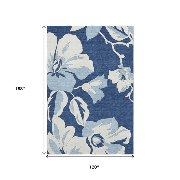 HomeRoots 10' X 14' Navy Blue Floral Area Rug - Washable, UV-Protected, Stain-Resistant for High-Traffic Areas 667999