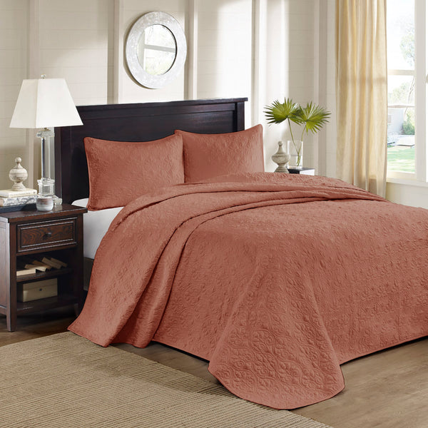 JLA Home Madison Park - 3 Reversible Bedspread Set with Quilted Stitch Texture, Oversized Drape, Cotton Fill & Antimicrobial Care Clay Red MP13-8484
