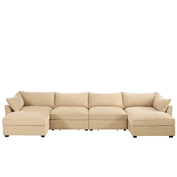 English Elm U Shape 4-Seater Modular Sofa With Movable Ottomans, Hidden Storage, & Plush Chenille In Wheat Color W3041S00181-GIGA