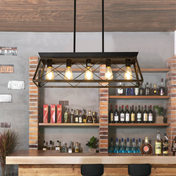 English Elm 32" Black Gold Industrial 5-Light Pendant Chandelier - Adjustable Metal Cage Farmhouse Lighting for Kitchen, Dining, Living Room W2312P368669