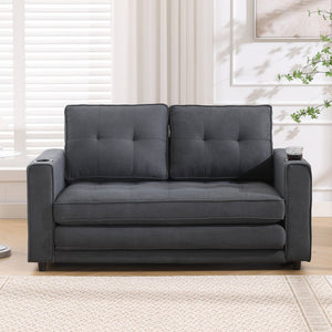 English Elm {VIDEO 3-in-1 Upholstered Futon Sofa Bed Convertible Loveseat with Tufted Back, Cup Holders & Side Pockets Dark Gray W2325P183181
