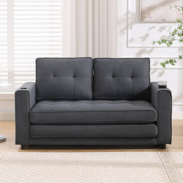 English Elm {VIDEO 3-in-1 Upholstered Futon Sofa Bed Convertible Loveseat with Tufted Back, Cup Holders & Side Pockets Dark Gray W2325P183181