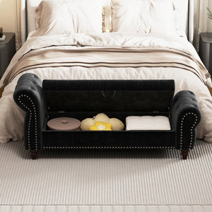 English Elm 64.5" Bed Bench with Storage Velvet Upholstery — Tufted Chaise Lounge, Solid Wood Frame, 400lb Capacity Black W1097P202877