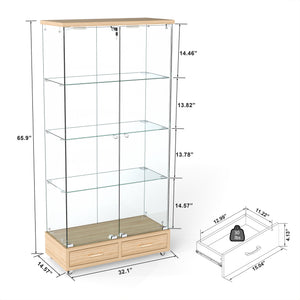 English Elm Modern Glass Display Cabinet With Led Lighting, 2 Drawers & 4 Shelves For Stylish Storage Solutions W241S00060