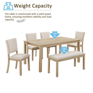 English Elm 6 Piece Rubberwood Dining Set with Bench and Linen Chairs for Transitional Kitchen W1998S00085