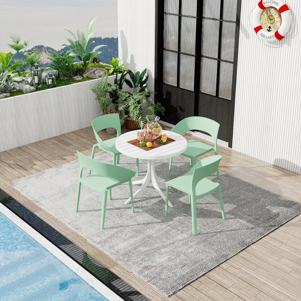 English Elm Summer Polypropylene Round Dining Set Stackable Chairs Uv Resistant Indoor Outdoor Patio Haze Green,White W3450S00026