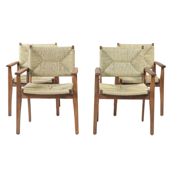 English Elm 5-piece Outdoor Dining Set Round Acacia Wood Table with Handwoven Wicker Armchairs Teak N770PS5345269T