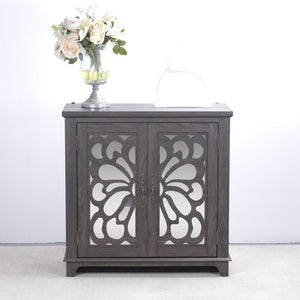 English Elm Elegant Mirrored Sideboard with Butterfly Carved Doors Wood Grain Finish Dining Storage Dark Brown W2899P372739