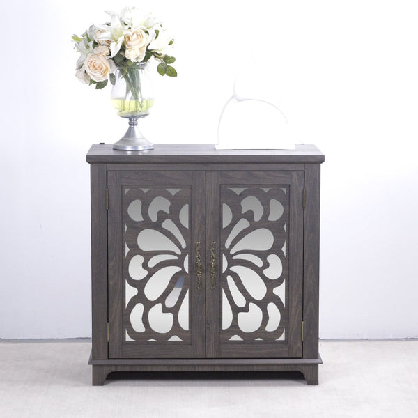 English Elm Elegant Mirrored Sideboard with Butterfly Carved Doors Wood Grain Finish Dining Storage Dark Brown W2899P372739
