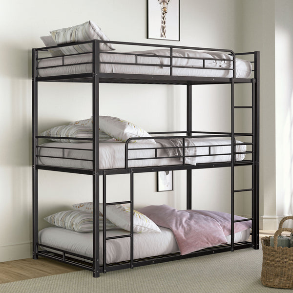 English Elm Triple Triple Twin Bunk Bed Contemporary Metal Frame with Attached Side Ladders Durable Design Black 80 L x 14 W x 7 H B2741S00303
