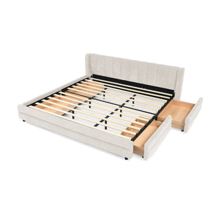 English Elm King Chenille Upholstered Platform Bed with Storage Drawers and Structured Headboard Beige W487S00414