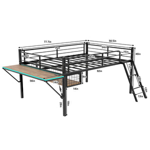 English Elm Full Size Steel Loft Bed with Integrated Desk Led Lighting and Under Bed Storage Black W1935P463339