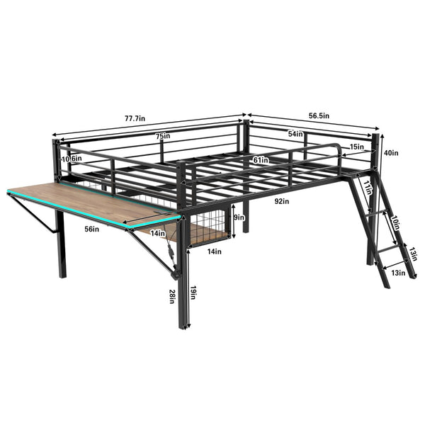 English Elm Full Size Steel Loft Bed with Integrated Desk Led Lighting and Under Bed Storage Black W1935P463339