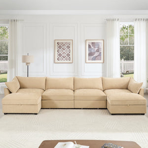 English Elm U Shape 4-Seater Modular Sofa With Movable Ottomans, Hidden Storage, & Plush Chenille In Wheat Color W3041S00181-GIGA